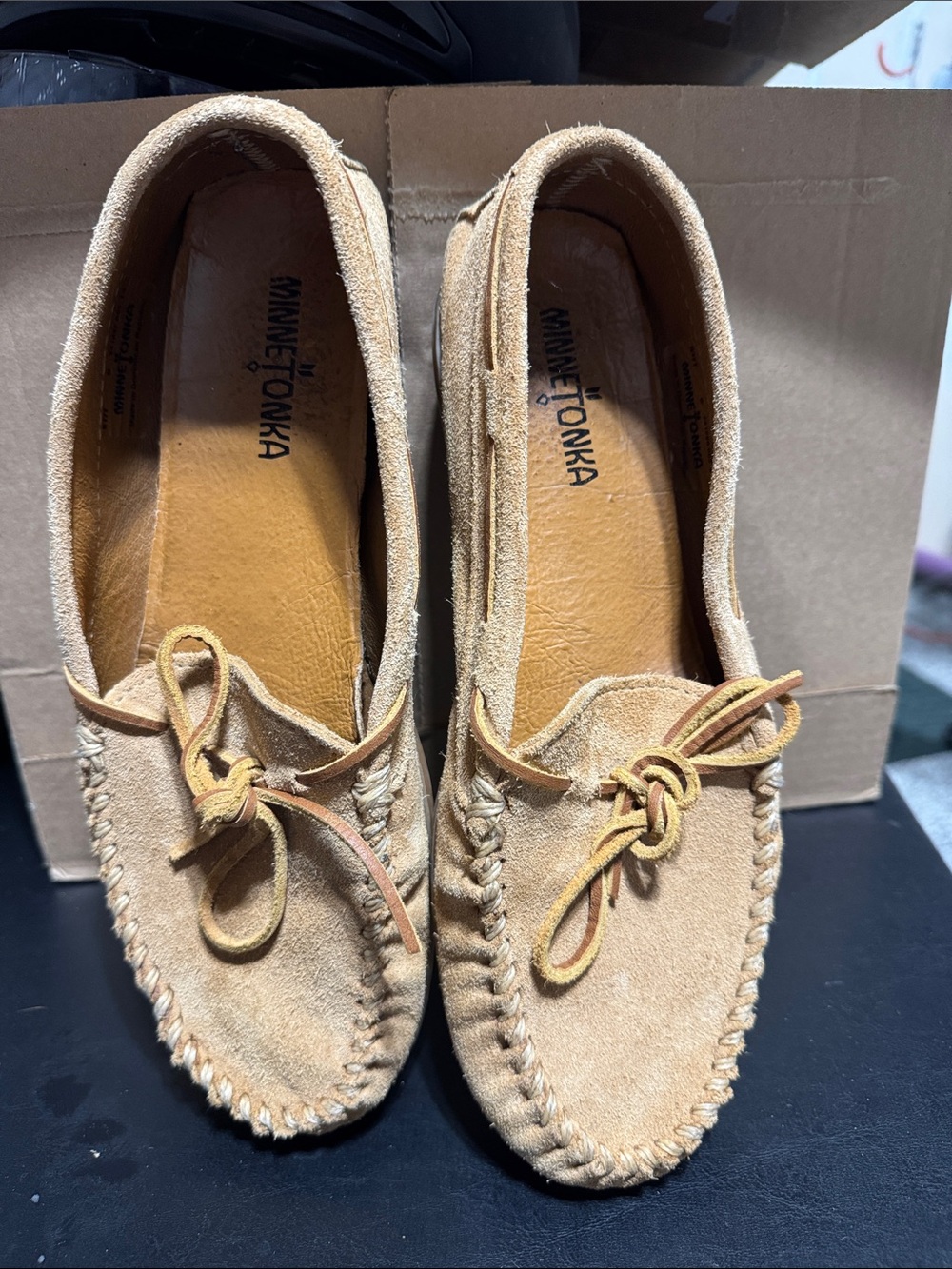 Minnetonka Suede Bow Moccasins - Beige